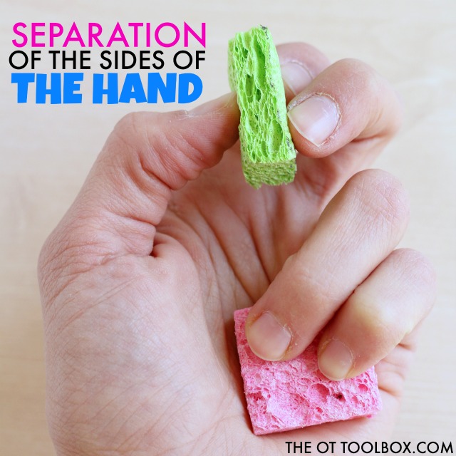 This Separation of the sides of the hand activity is fun when working on precision of grasp and strength of gross grasp skills needed for tasks like handwriting and holding a pencil.