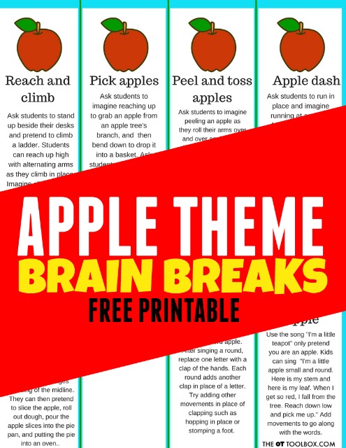 Pausas cerebrales con temática de manzana para que los niños las utilicen en el aula o como parte de un tema de manzana en el aprendizaje y el juego.