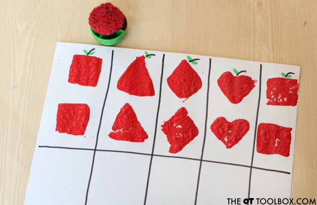 Apple stamps for helping kids work on visual perception and fine motor skills.