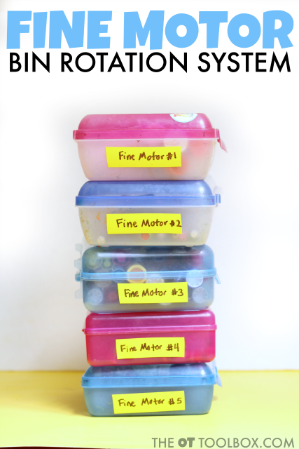 Fine Motor center ideas for a fine motor bin rotation system in the school classroom, therapy clinic, or home.