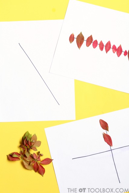 Actividad de preescritura para ayudar a los niños a desarrollar las habilidades necesarias para la preescritura de líneas y la escritura a mano utilizando hojas de otoño