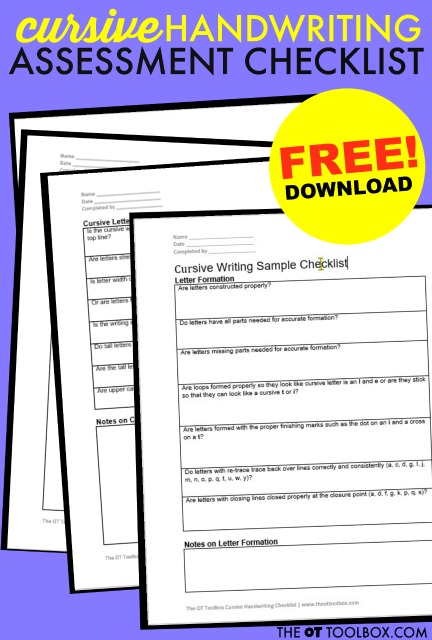 Use this free cursive handwriting assessment checklist to help with diagnosing cursive writing problems and work  on cursive writing progression to functional cursive.