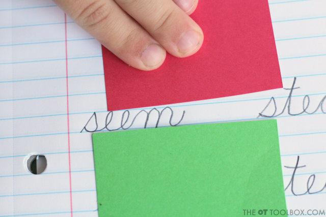Use color-coded visual guides to help kids to work on handwriting letter size tricks to help kids with cursive legibility and consistent cursive handwriting.