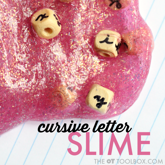 Use cursive beads to work on cursive letter identification using cursive slime as a sensory tool and tactile sensory play.
