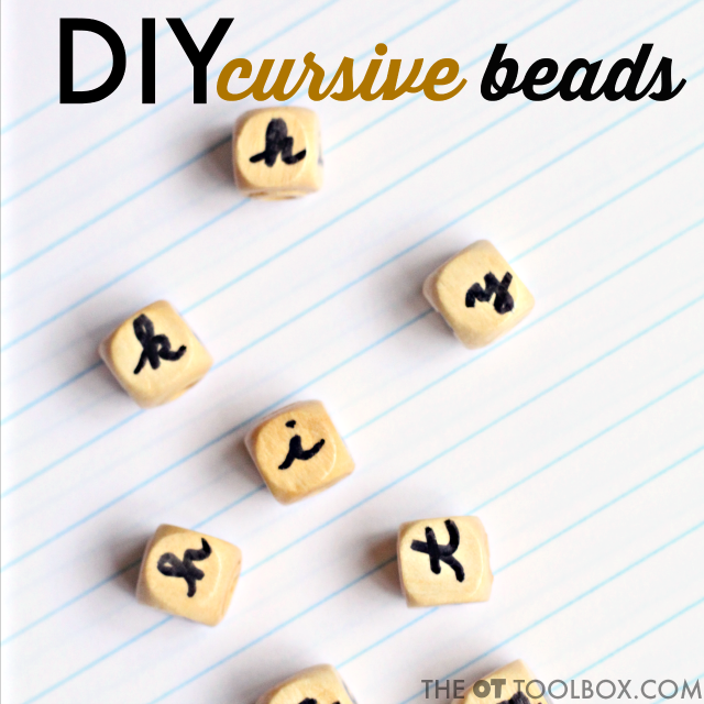 Use these cursive activity beads to help kids learn cursive letters, learn to write cursive letters, practice cursive formation and cursive letter identification, and carryover of cursive handwriting skills.