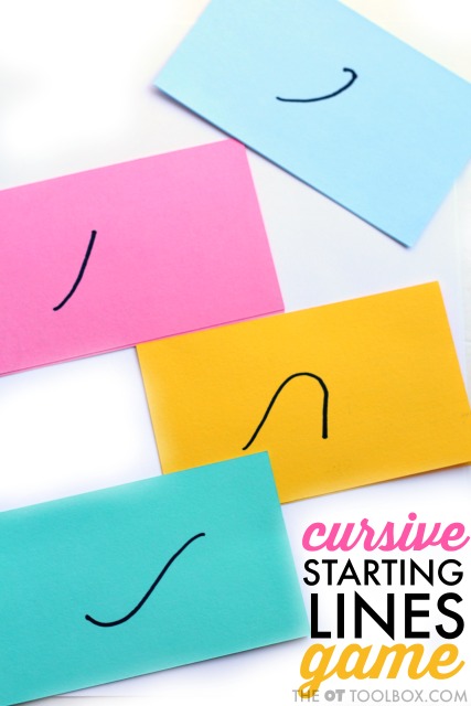 Make these index card flash cards to play a letter memory game that teaches kids about cursive writing starting lines to help kids learn to write cursive handwriting.