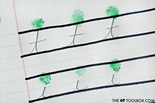 Try this cursive handwriting activity to help kids learn to write in cursive, using an image of a tree for cursive letters i, j, t, u, and w.