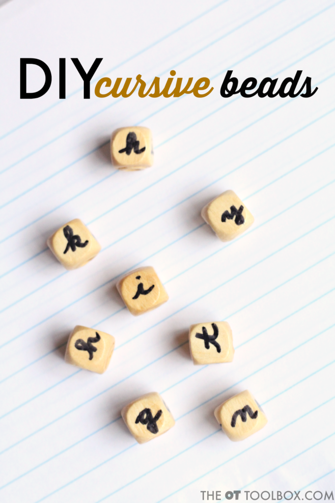 Use these cursive activity beads to help kids learn cursive letters, learn to write cursive letters, practice cursive formation and cursive letter identification, and carryover of cursive handwriting skills.