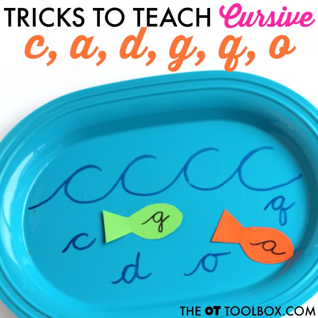 Practice cursive letter formation using Wave Letters to practice handwriting and teach cursive letter c, a, d, g, q, and o with this fun fish handwriting activity.