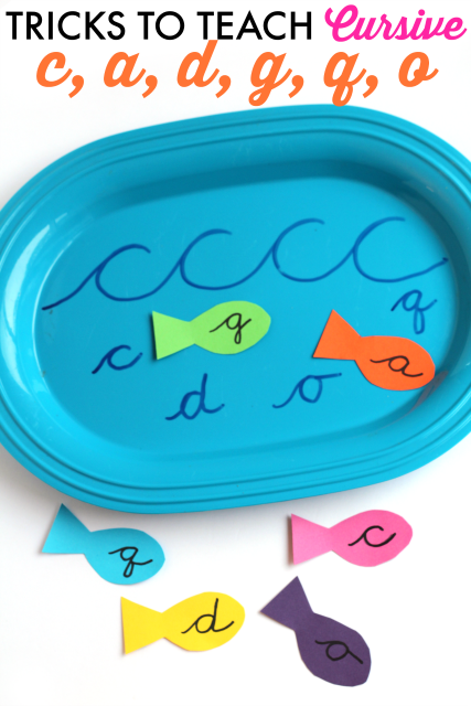 Practica la formación de las letras cursivas utilizando Wave Letters para practicar la escritura a mano y enseñar las letras cursivas c, a, d, g, q y o con esta divertida actividad de escritura a mano de peces.