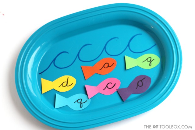 Practice cursive letter formation using Wave Letters to practice handwriting and teach cursive letter c, a, d, g, q, and o with this fun fish handwriting activity.