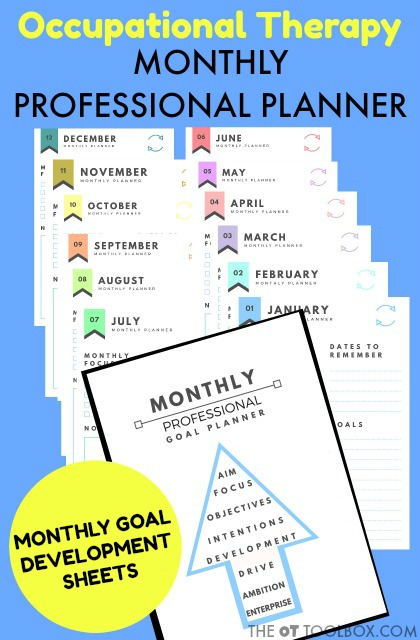 Yearly goal planner printable sheets for occupational therapists who what to develop as a professional with monthly and annual goals when identifying and planning professional development.