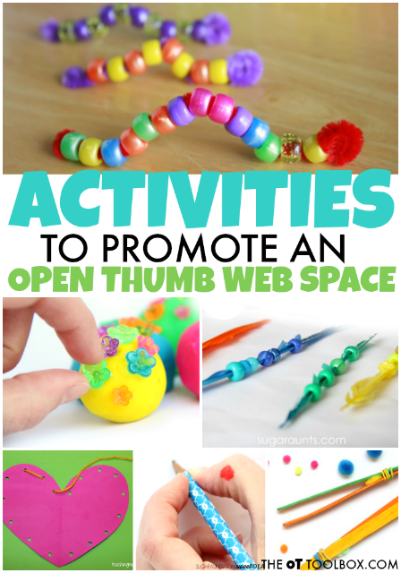 Try these activities to improve open thumb web space needed for tasks like pencil grasp, in hand manipulation, and dexterity needed in fine motor activities. 