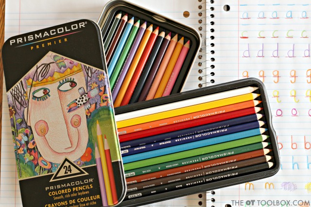 Use colored pencils like Prismacolor Premier colored pencils with a soft core to address handwriting needs.