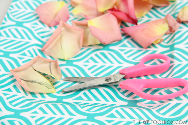 Use rose petals to work on scissor skills with kids 