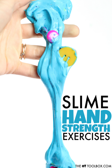 These Slime Hand Exercises video uses homemade slime to work on hand strength and dexterity of the hands to develop fine motor skills like pencil grasp in kids. Kids love slime and they won't realize they are exercising the hands when they play with slime with these hand strength exercises! Perfect for occupational therapy.