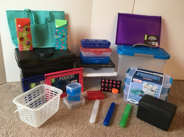 Create an occupational therapy toolkit using a variety of containers to address underlying skills like fine motor skills, visual motor skills, or other OT goals.