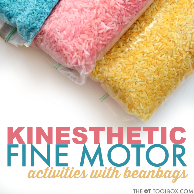 Esta actividad de aprendizaje kinestésico de motricidad fina utiliza bolsas de frijoles hechas con arroz de colores. Utilízalas en actividades de aprendizaje en las que los niños se muevan y aprendan.  