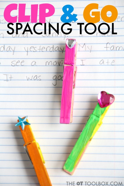 Kids can make these clothespin spacing tools to learn spacing between words in handwriting for better legibility and neat written work, just clip to a notebook or folder!