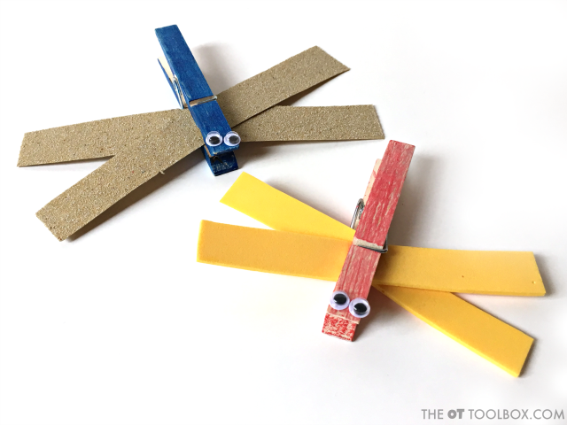 This cute dragonfly craft uses clothes pins and a variety of craft materials to work on skills like bilateral coordination, visual motor skills, and fine motor skills in this creative occupational therapy activity.