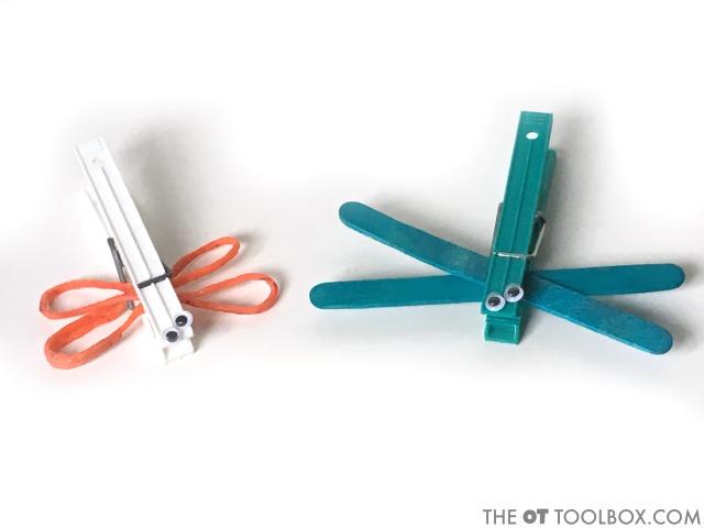 Work on fine motor skills and other occupational therapy goals with these cute dragonflies made from clothespins.