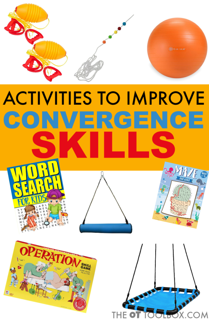 These activities to improve convergence skills are ways to improve convergence insufficiency and visual motor skills needed for visual processing activities including fun occupational therapy activities for kids.