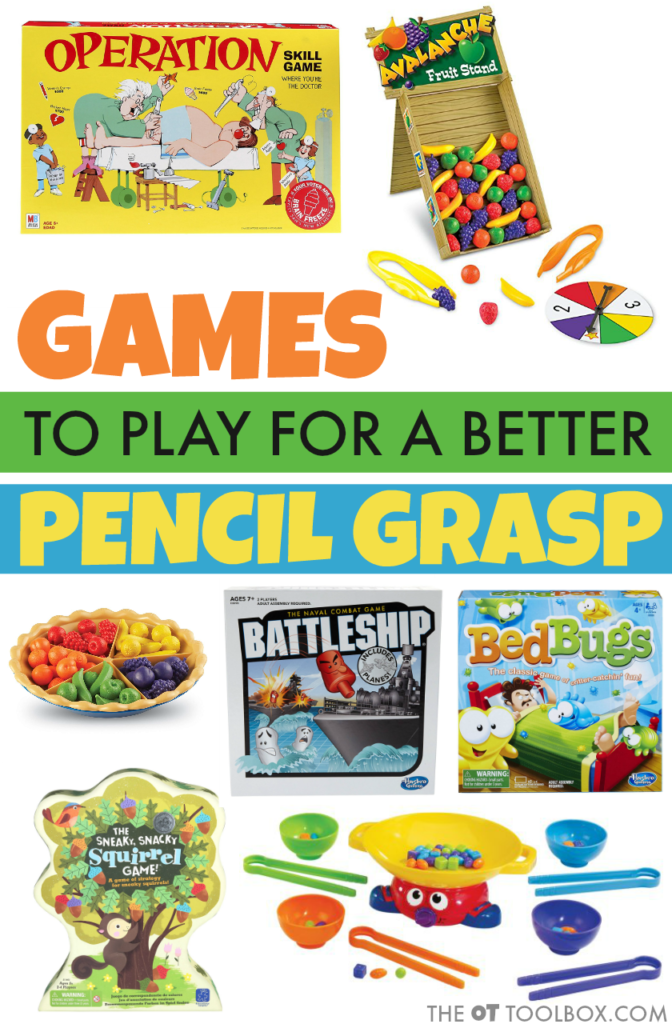 Add these games to improve pencil grasp to occupational therapy activities that help with fine motor skills and the skills needed for better handwriting and pencil grasp in kids. 