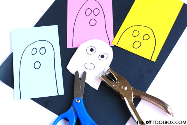 Kids can make this ghost craft to work on scissor skills and hand strength with a ghost theme this halloween, the fun ghost craft that helps kids cut with scissors.
