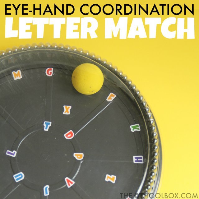 A hand-eye coordination activity for kids that helps with visual skills like convergence, visual tracking, visual scanning, and motor components like bilateral coordination, precision, and motor planning needed for the eye-hand coordination that are worked on in occupational therapy activities.