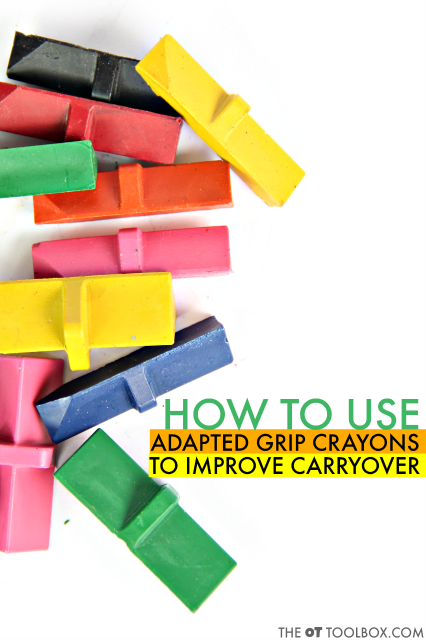 Use adapted crayons to work on carryover of pencil grasp and grasp on a crayon when coloring by helping kids strengthen the fine motor skills they need for handwriting and a functional pencil grasp.