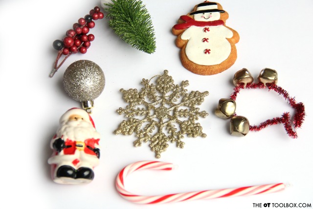 Use Christmas ornaments in Christmas games that develop visual perceptual skills, memory, and attention.