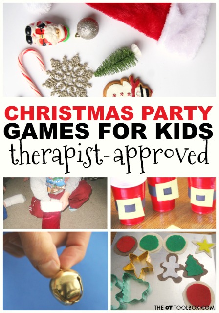 Christmas party games for kids that help with areas of development through movement and play, perfect for kids Christmas parties, holiday parties,indoor recess, or occupational therapy activities during the Christmas season..