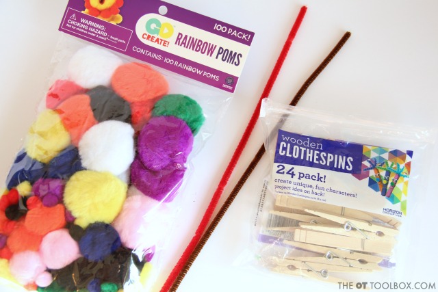 Craft supplies to make a snowman craft that builds fine motor skills for kids.
