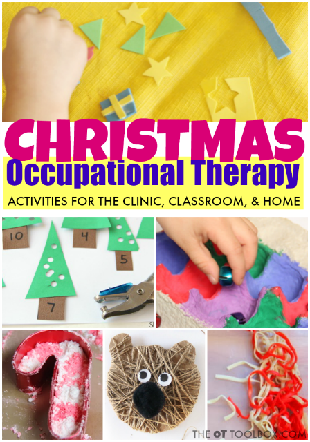 These Christmas activities for kids are perfect for using in occupational therapy activities, in home programs, in the OT clinic, or in the classroom. All of the occupational therapy Christmas activities are designed to promote motor development including fine motor, gross motor, visual motor, and sensory, all with a Christmas theme!