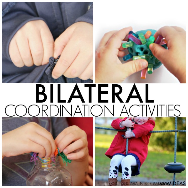 Actividades de coordinación bilateral para ayudar a los niños a desarrollar y construir las habilidades necesarias para las actividades de coordinación simétrica, los movimientos alternados de brazos y piernas, y las actividades de dominio de las manos.