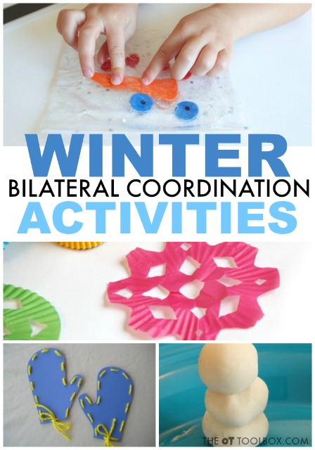 Kids will love these winter bilateral coordination activities to help develop the skills to use both hands together in a coordinated way! Snowman activities, snowflake activities, and other winter themed activities for use in occupational therapy and at home.