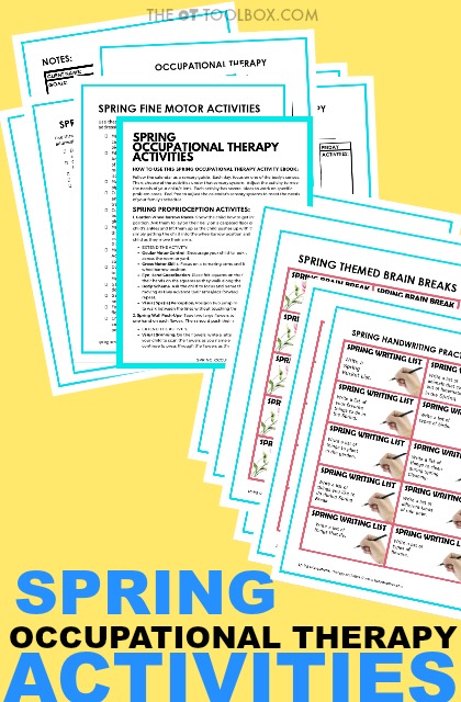 Spring fine motor activities, spring gross motor skills, visual motor skills, handwriting, sensory processing, and strengthening are just some of the ways to use a spring theme in occupational therapy. 