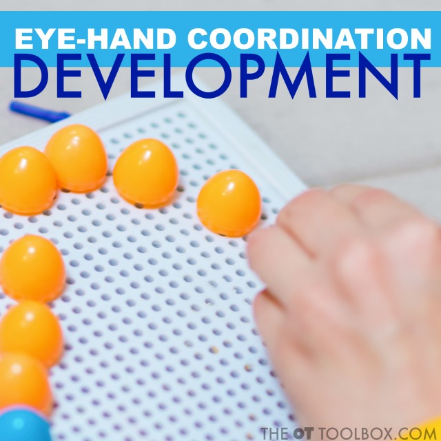 Try activities like geoboards, pegboards, and lacing beads to improve eye hand coordination development in kids.