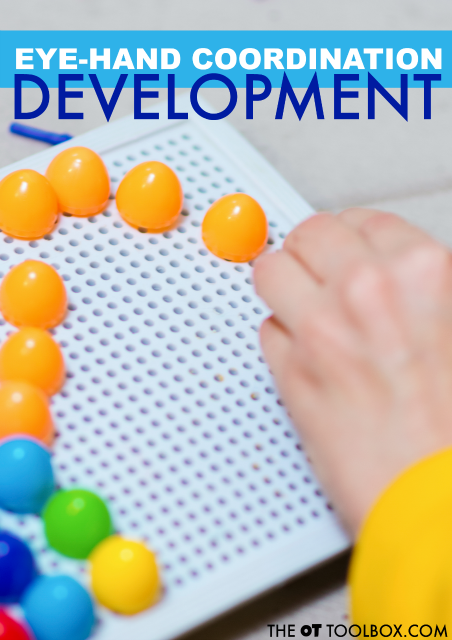 Eye hand coordination develops from a very young age! Here is information about the development of visual motor skills, specifically eye hand coordination in babies, toddlers, and preschoolers.
