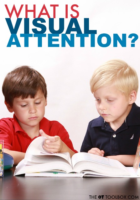 What is visual attention? It's a visual processing skill that allows us to read and maintain our place on a line of words. Visual attention allows us to copy written work and notice details. It allows us to recognize faces and letters or words. Visual attention is an important visual skill that many kids struggle with.Learn more here, as well as other information on visual processing.