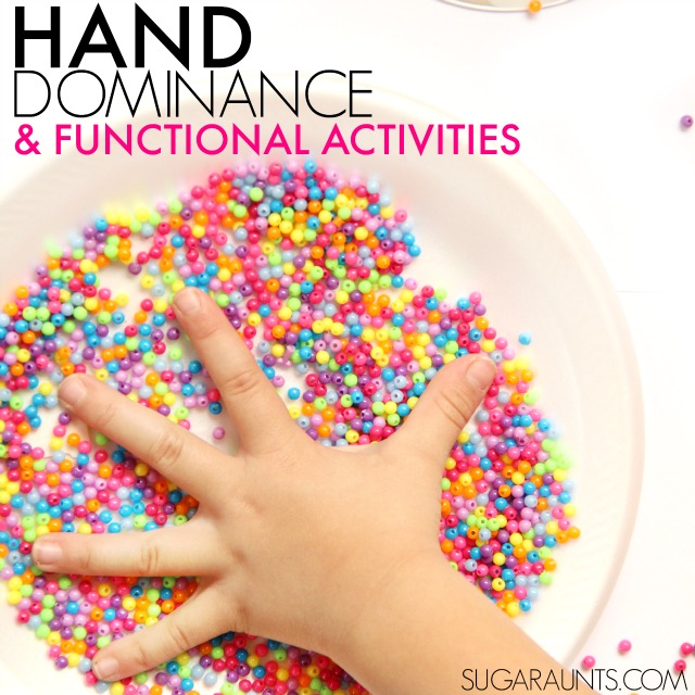 Hand dominance and laterality in kids.  Easy and fun tips to work on an established hand dominance in kids for functional use of tools like scissors, pencils, hair brushes, and toothbrushes.