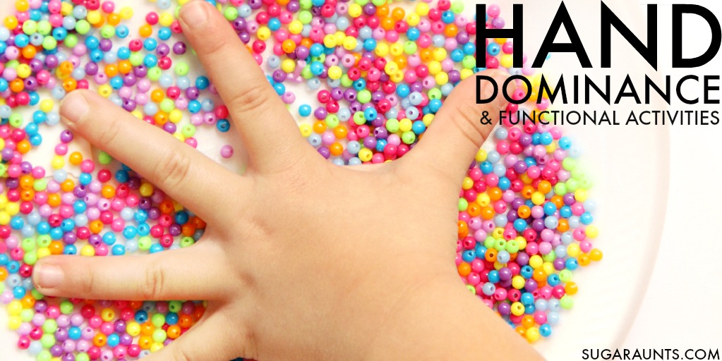 Hand dominance and laterality in kids.  Easy and fun tips to work on an established hand dominance in kids for functional use of tools like scissors, pencils, hair brushes, and toothbrushes.