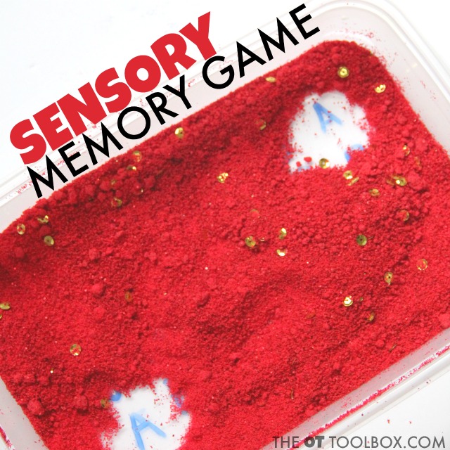 Kids will love working on letter identification with a sensory memory game using a salt sensory writing tray. 
