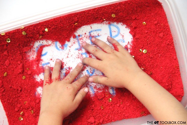 Kids can use a writing tray with salt to work on handwriting and letters.
