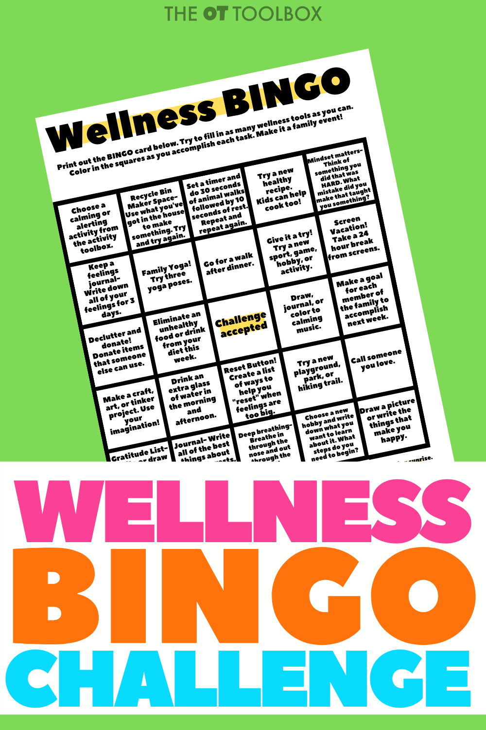 Juego de bingo del bienestar para usar para construir el bienestar general y un estado de salud y bienestar equilibrado.