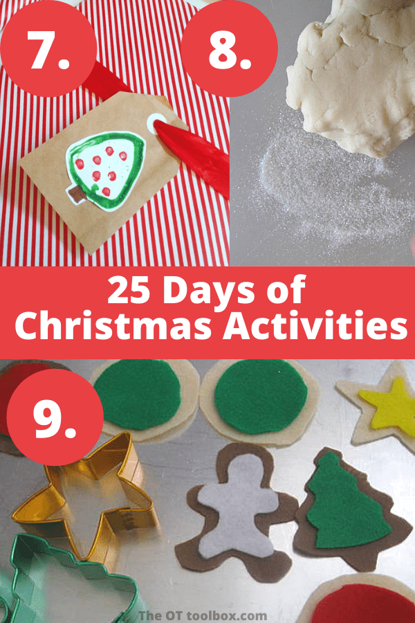 Christmas ideas for kids to use for 25 days of Christmas play including holiday play dough, felt cookies and more.