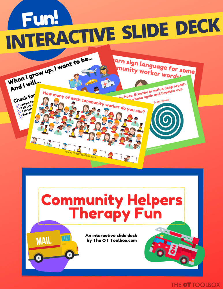 Actividad para enseñar a los niños sobre los ayudantes de la comunidad en un paquete de diapositivas interactivo temático para la terapia ocupacional.