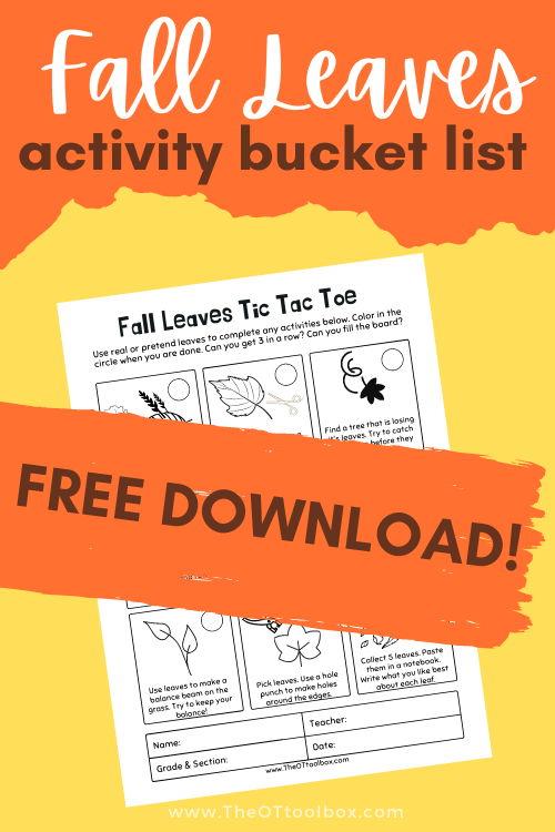 Fall Leaves Activities for a fall bucket list that builds skills! This fall leaves printable is a downloadable tic tac toe game that kids can use in occupational therapy activities.