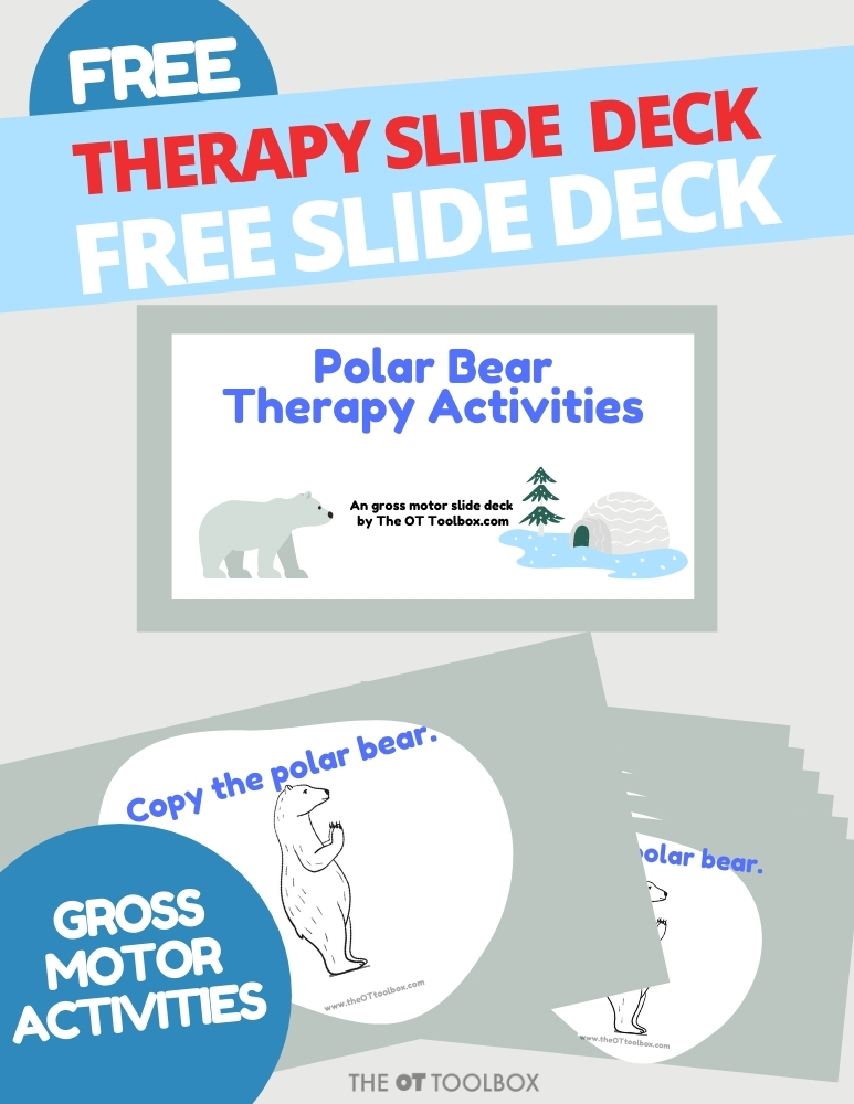 Diapositivas gratuitas de terapia de motricidad gruesa con el tema del oso polar. Utilícelo en sesiones de terapia virtual o como descanso para el cerebro del oso polar.