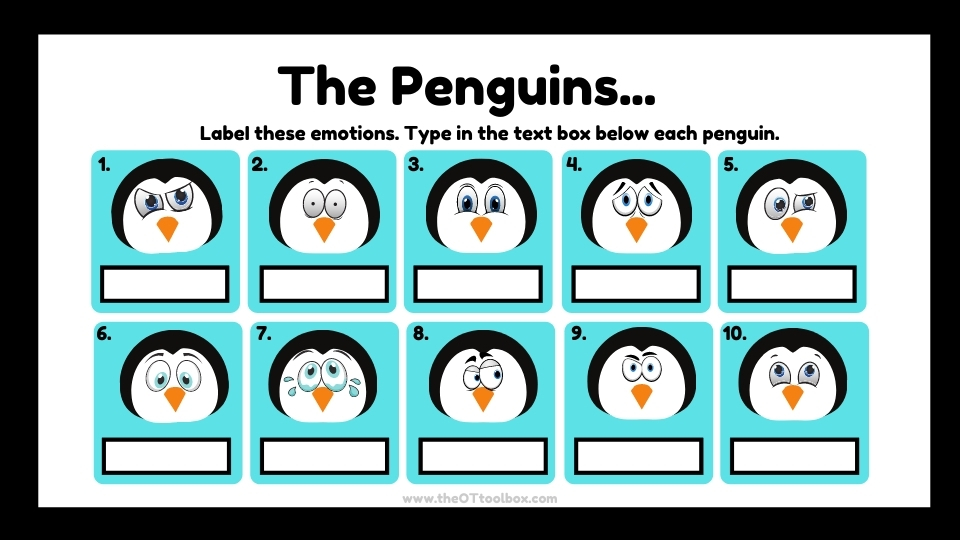 Kids can identify emotions and facial expressions in this emotions game using a penguin theme.